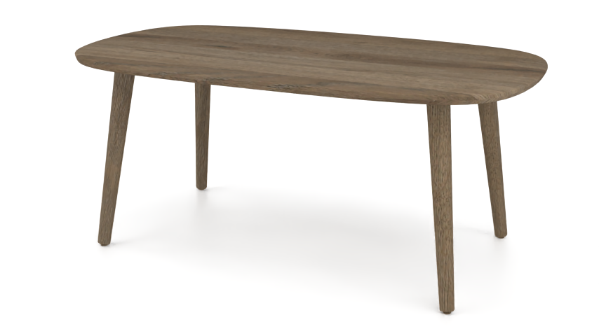 Esstisch Tombar aus Eichenholz in Zimtfarbe mit Bootsform und vier runden Beinen vor weissem Hintergrund.