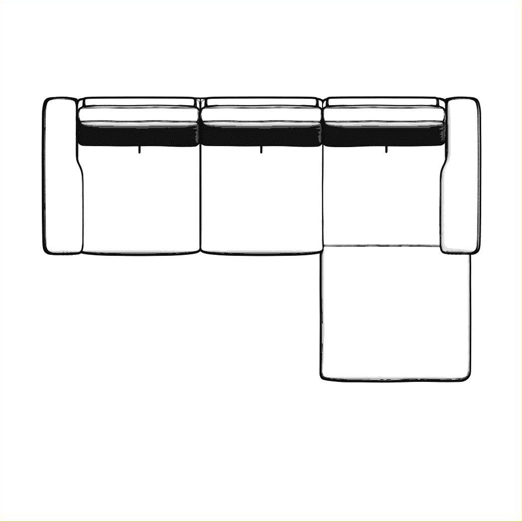 Draufsicht einer Venus Ecksofa-Konfiguration mit Ottomane links und 2-Sitzer rechts. Schemazeichnung mit klaren Linien auf weißem Grund.