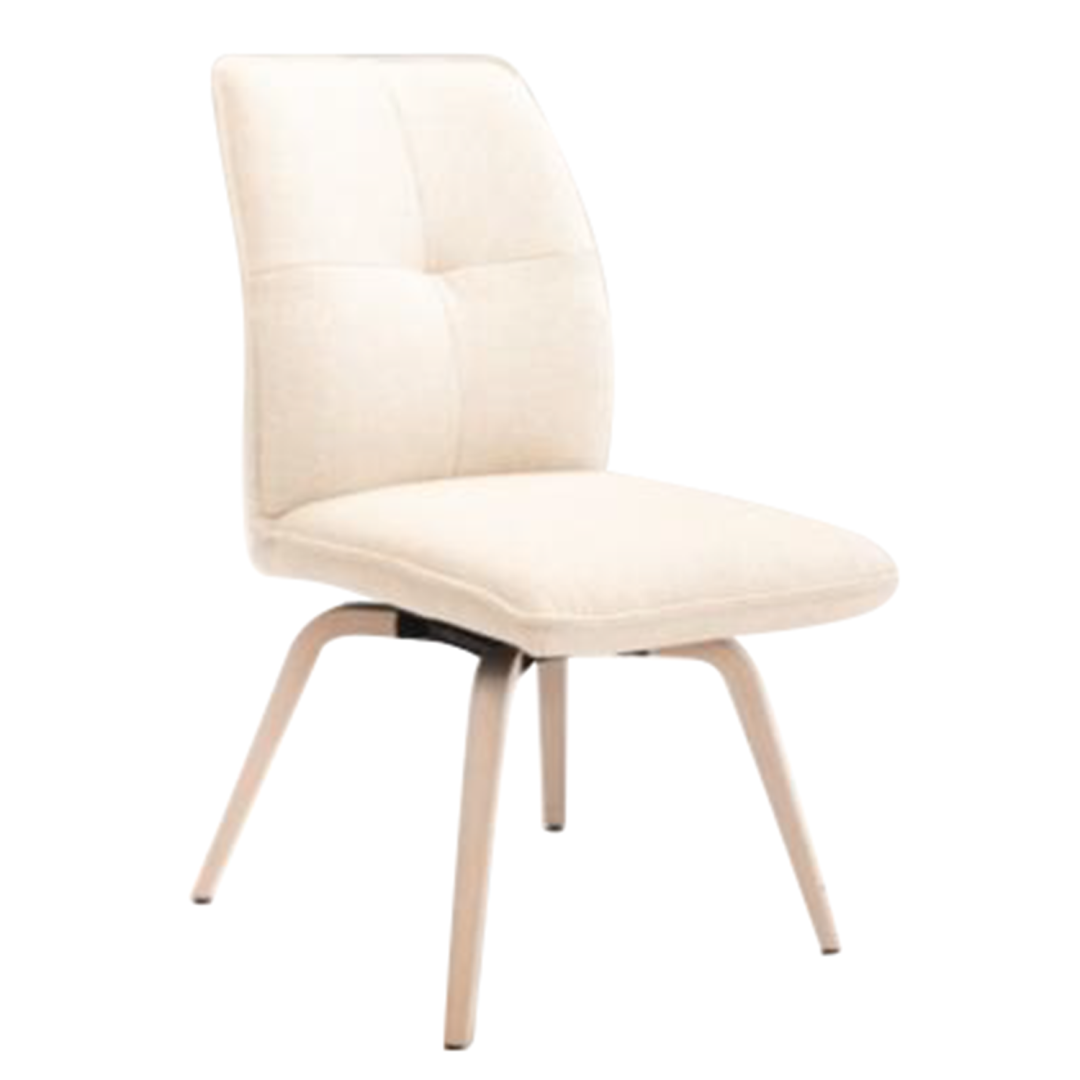 Ein Sirius Ergo B Stuhl. Der Stuhl hat ein cremefarbenes Stoffpolster und ein helles Holzgestell. Die Rückenlehne ist gesteppt.