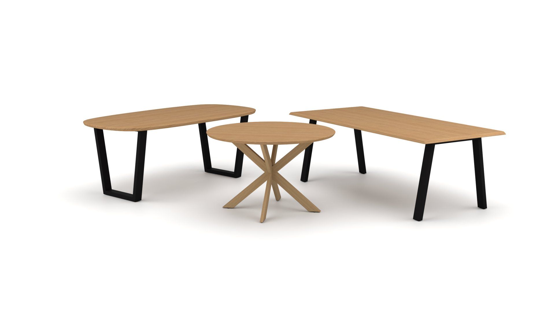 Drei Holztische auf Weiß: Ovaler Tisch mit schwarzen U-Beinen, runder Tisch mit X-förmigem Holzfuß, rechteckiger Tisch mit schwarzen Beinen.