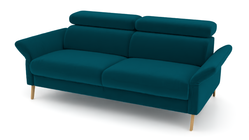 Mars 3-Sitzer Sofa in Petrol mit Holzfüßen. Das Sofa hat eine hohe Rückenlehne und bequeme Armlehnen.