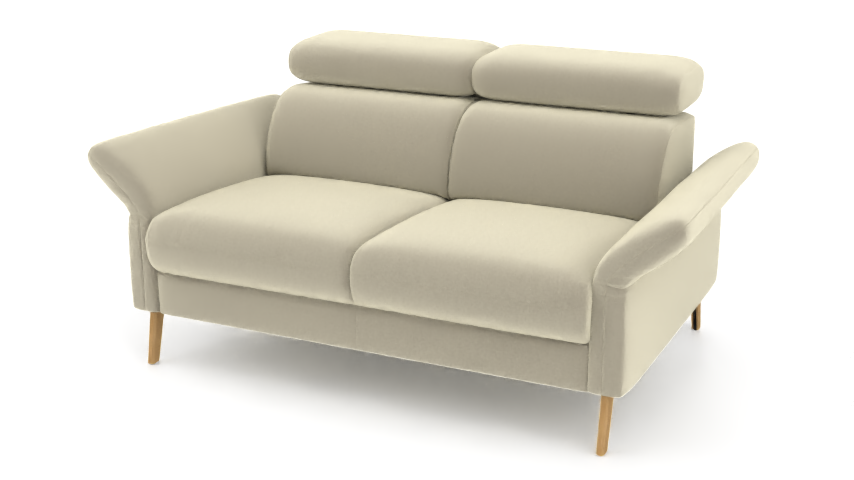 Ein cremefarbenes, modernes Sofa mit zwei Sitzen und Kopfstützen auf schlanken Holzbeinen vor einem weißen Hintergrund.