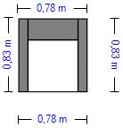 Skizze von Eris Sessel mit Breiten- und Tiefenangaben in Meter. Draufsicht, vereinfachte Darstellung der Form.