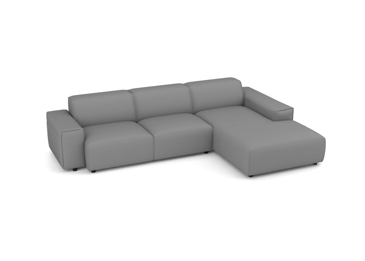 Graues Sofa "Venus rechts" von UrbanDesign. Das 2,5-Sitzer Polstermöbel hat eine Ottomane auf der rechten Seite. Klare Linienführung und breite Armlehne.
