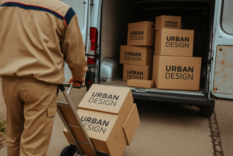 Lieferant mit Wagen vor geöffnetem Lieferwagen. Kartons mit Aufschrift "Urban Design" im Wagen und Lieferwagen.